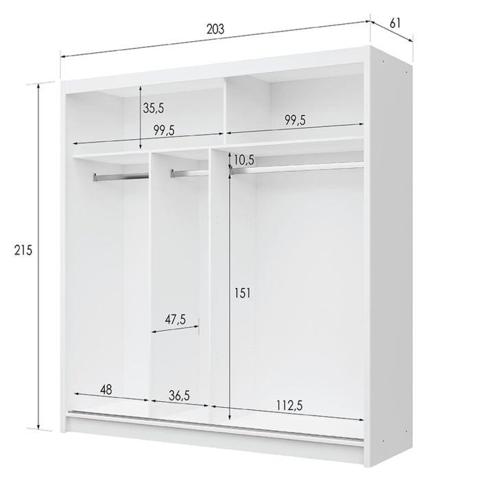 Luzern 203cm 2-Door Mirrored Sliding Wardrobe – White – product image 8