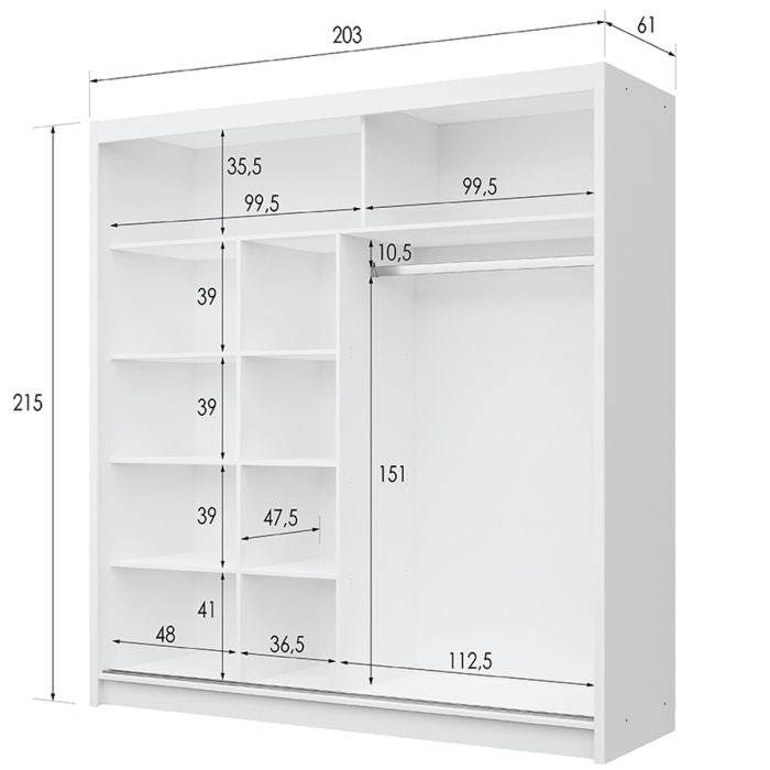 Luzern 203cm 2-Door Mirrored Sliding Wardrobe – White – product image 9
