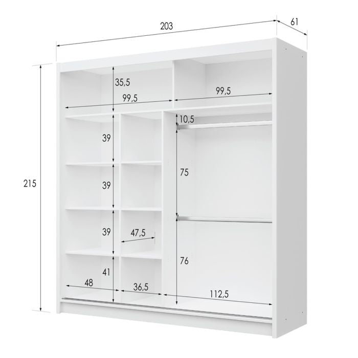 Luzern 203cm 2-Door Mirrored Sliding Wardrobe – White – product image 10