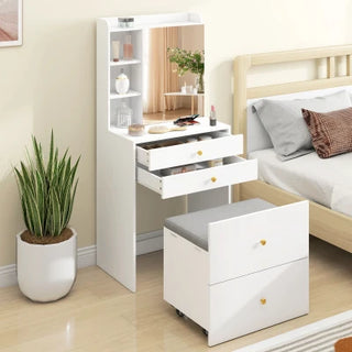 Mira Compact Dressing Table with Mirror and Storage Stool – White
