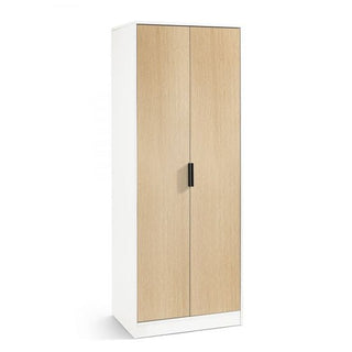 The CHOICEWARDROBE Akron Wooden Wardrobe features two hinged doors in a stylish two-tone white and oak finish with vertical center handles, elevated on a white base—perfect for adding modern flair to UK bedrooms.