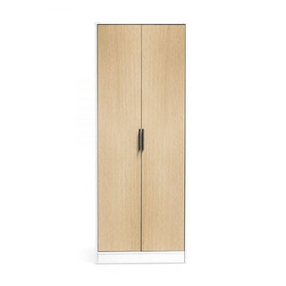 The CHOICEWARDROBE Akron Wooden Wardrobe features two light oak doors, a white frame, and black vertical handles. Its modern two-tone white and oak finish makes it perfect for UK bedrooms, blending style with practicality.