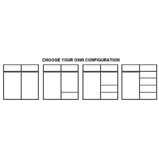 Diagram displaying four CHOICEWARDROBE Allen wardrobe configurations, featuring full-height matt black or mirrored sliding doors with customizable shelves and drawers. Text above reads “CHOOSE YOUR OWN CONFIGURATION.”.