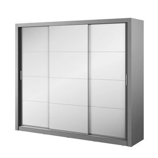 240 cm grey sliding wardrobe with three mirrored doors and minimalist frame, offering modern full-length reflection for UK bedrooms.