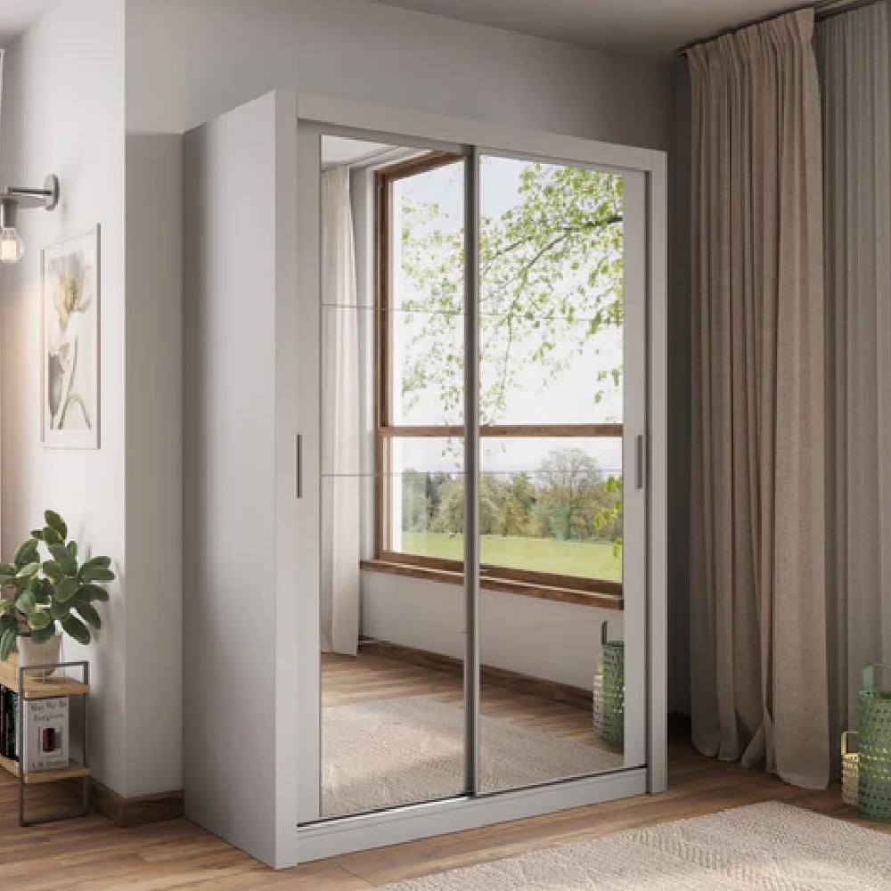CHOICEWARDROBE Ames two-door grey sliding wardrobe with full-length mirrors reflecting a garden view.