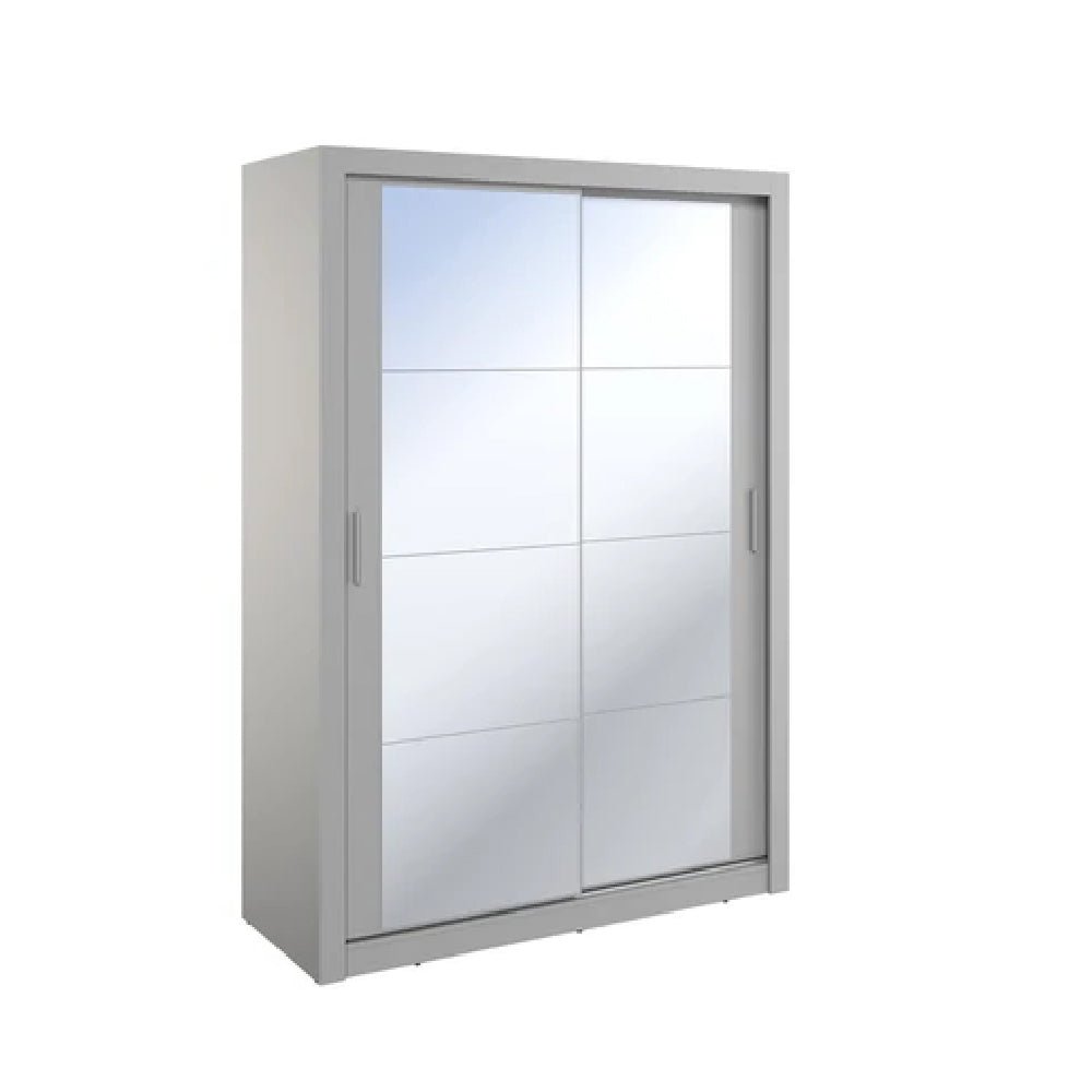 Grey two-door sliding wardrobe with full-length mirrored panels