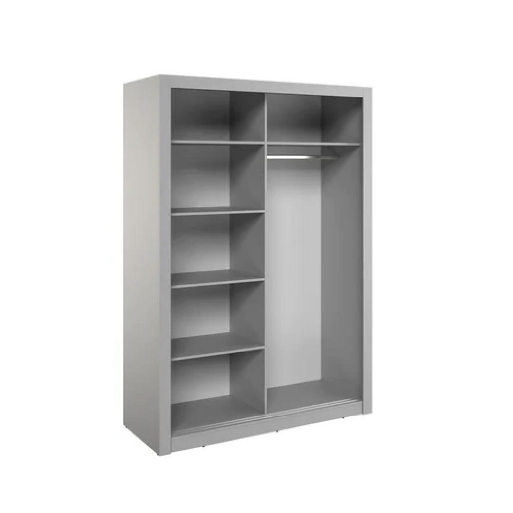Grey sliding door wardrobe with mirrored front panels and open shelving.