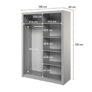 The CHOICEWARDROBE Ames Mirrored Sliding Door Wardrobe in grey features full-length mirrors, measures 150x215x60 cm, includes a 159.1x67.4 cm hanging rod space, and five 40.8x67.4 cm shelves behind two sliding doors.