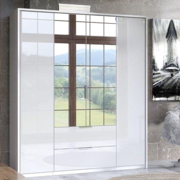 Angela 164cm 4-Door Mirrored Wardrobe with 2 Drawers - White Gloss