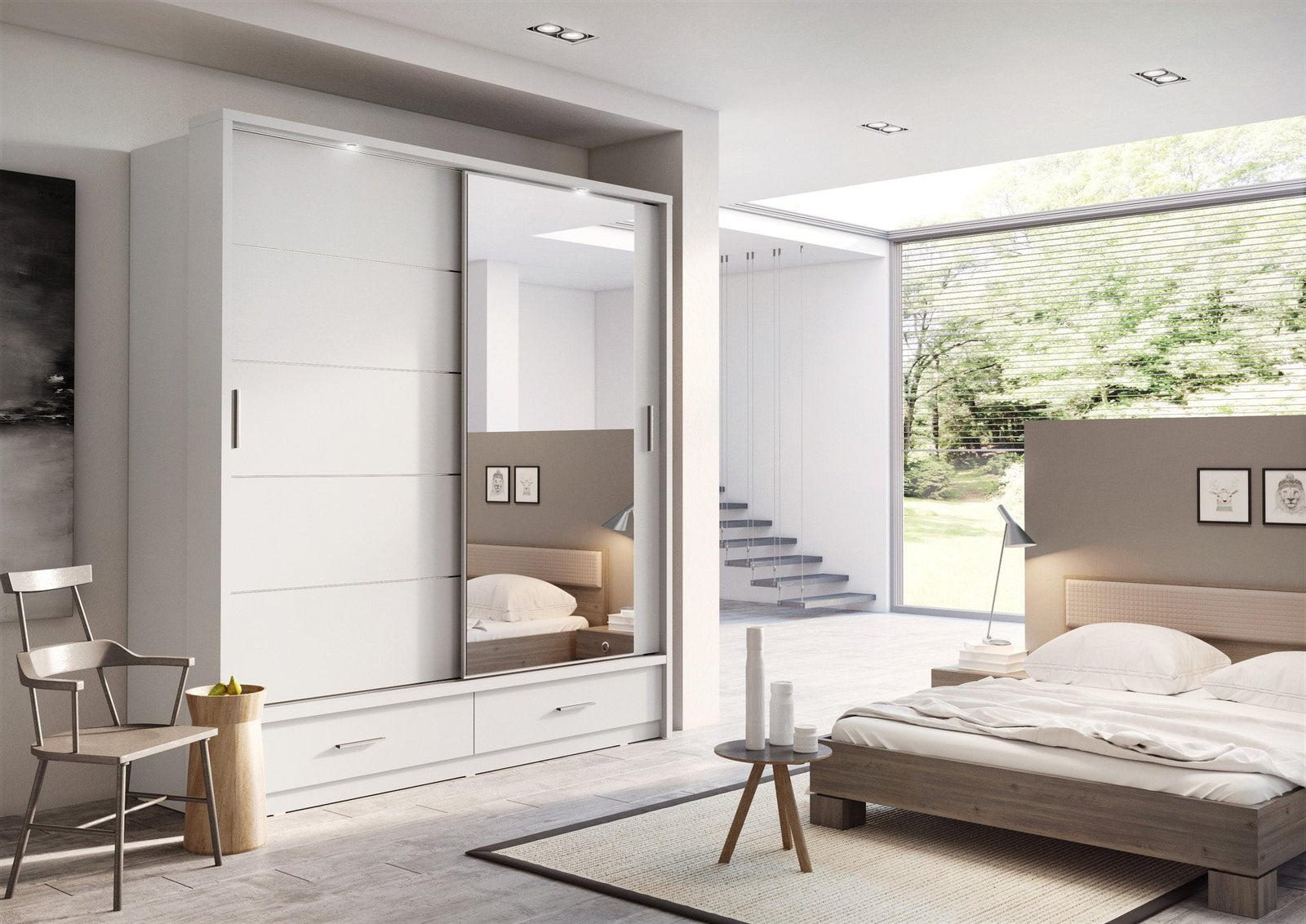 Arti AR-05 200cm 2 Door Mirrored Sliding Wardrobe in White Matt