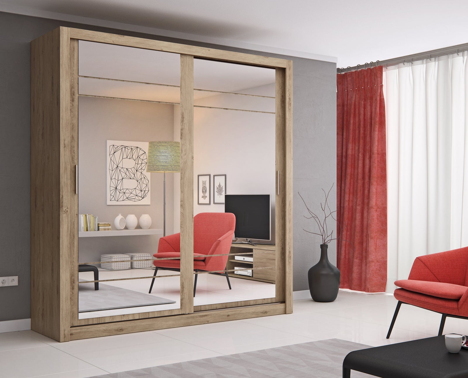 Arti AR-08 203cm 2 Door Mirrored Sliding Wardrobe in White Matt – image 5