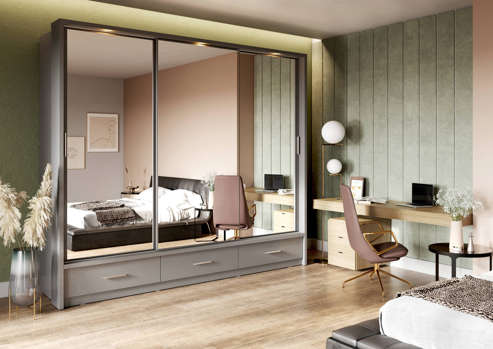 Arti 23 250cm 3 Door Mirrored Sliding Wardrobe in Grey Matt