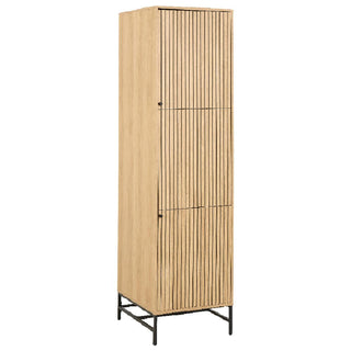 The CHOICEWARDROBE Attica Hinged Wardrobe features two doors with oak and matt black lamella fronts, vertical groove detailing, and stands on black metal legs against a white background.