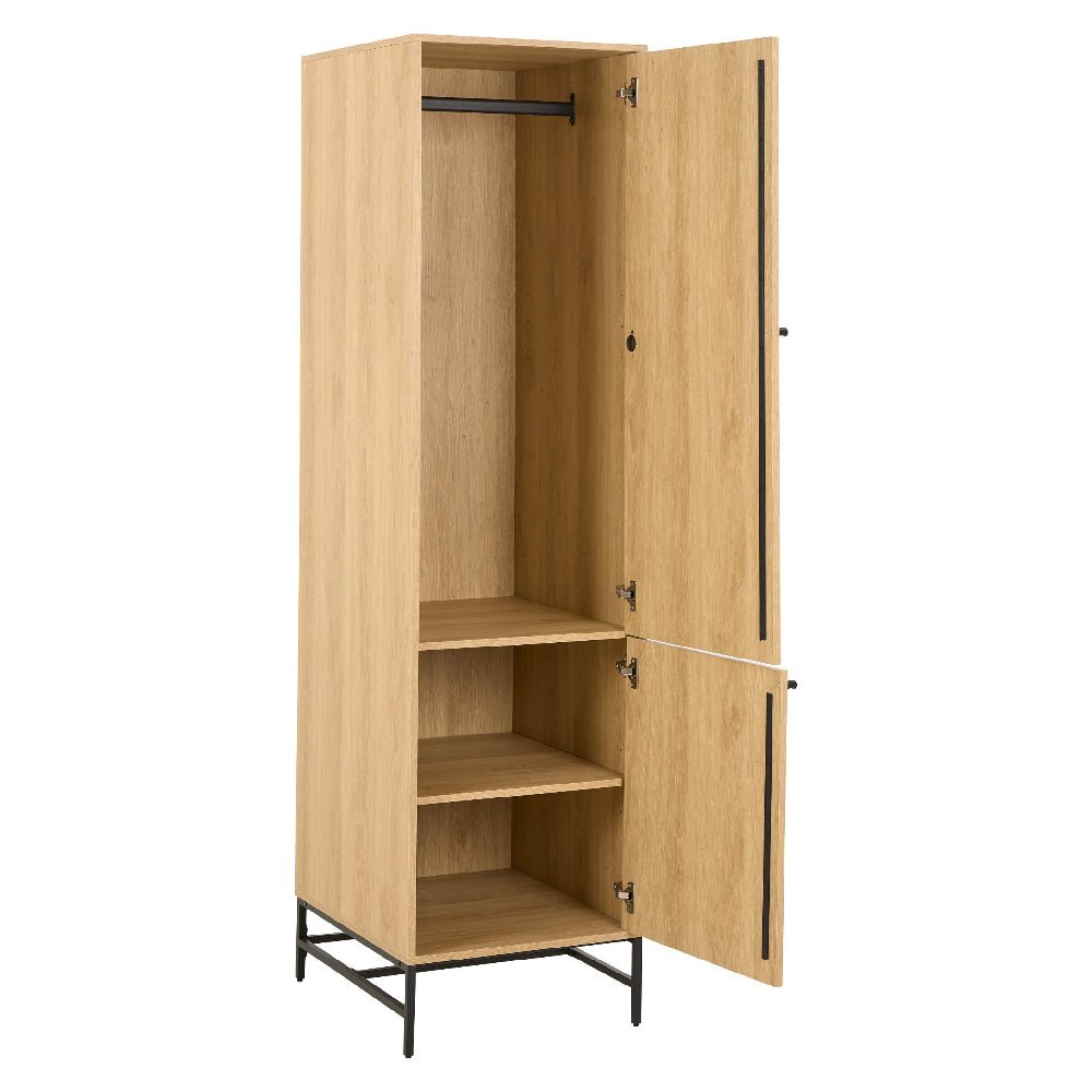 Two-door oak wardrobe with matt black details and black metal legs