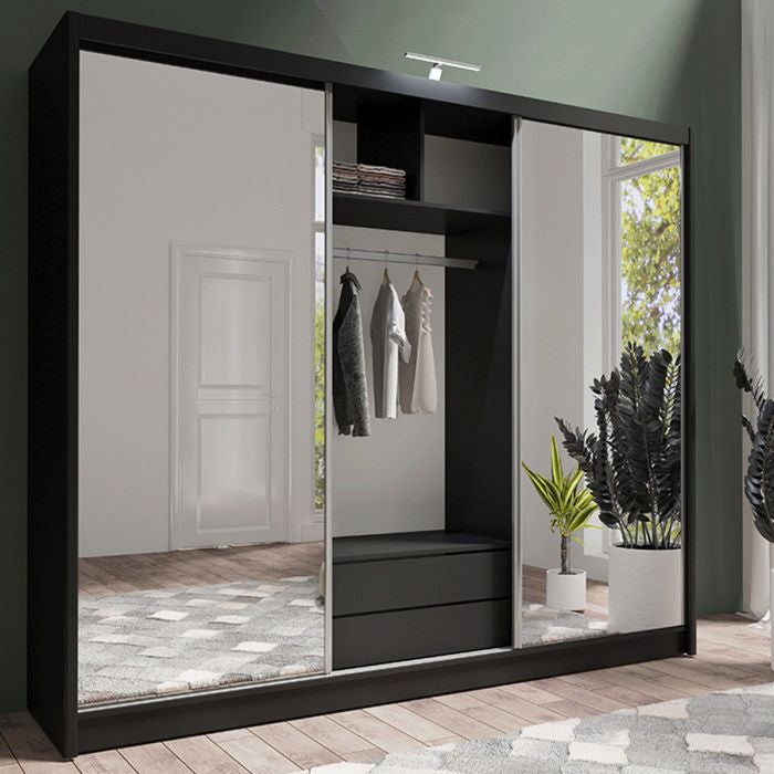 Black 3-door sliding wardrobe with two full mirrored doors, showing hanging rail and drawers.