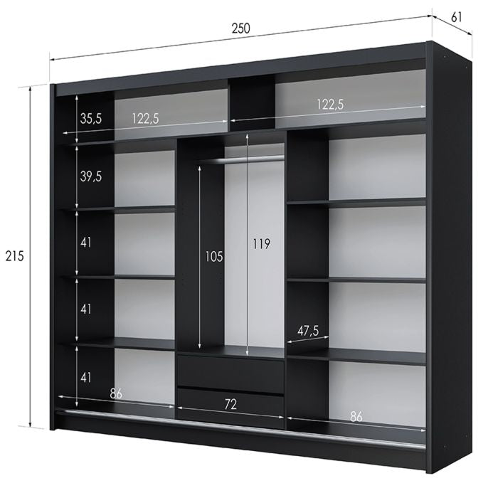 3-door sliding wardrobe with mirrored doors, 250cm width, 215cm height technical diagram.