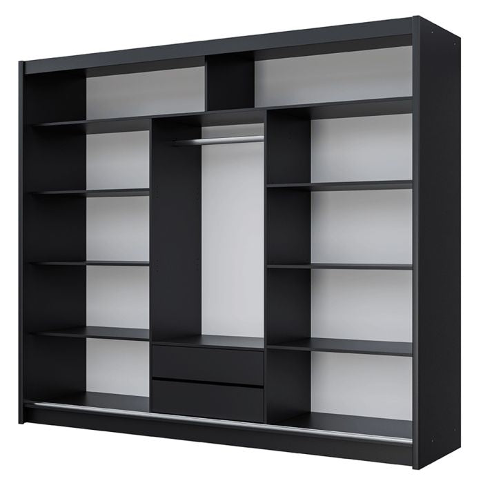 Black 3-door sliding wardrobe interior view with shelves, hanging rail, and drawers.