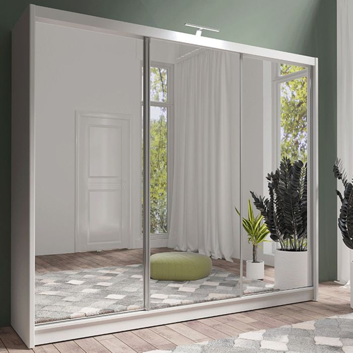 White 250cm 3-door sliding wardrobe with full mirrored fronts