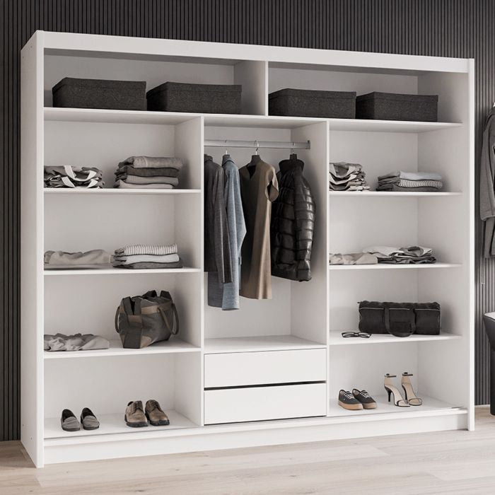 White 3-door sliding wardrobe with mirrored door and internal storage