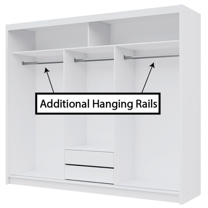White wardrobe interior with visible shelves and highlighted 'Additional Hanging Rails'.