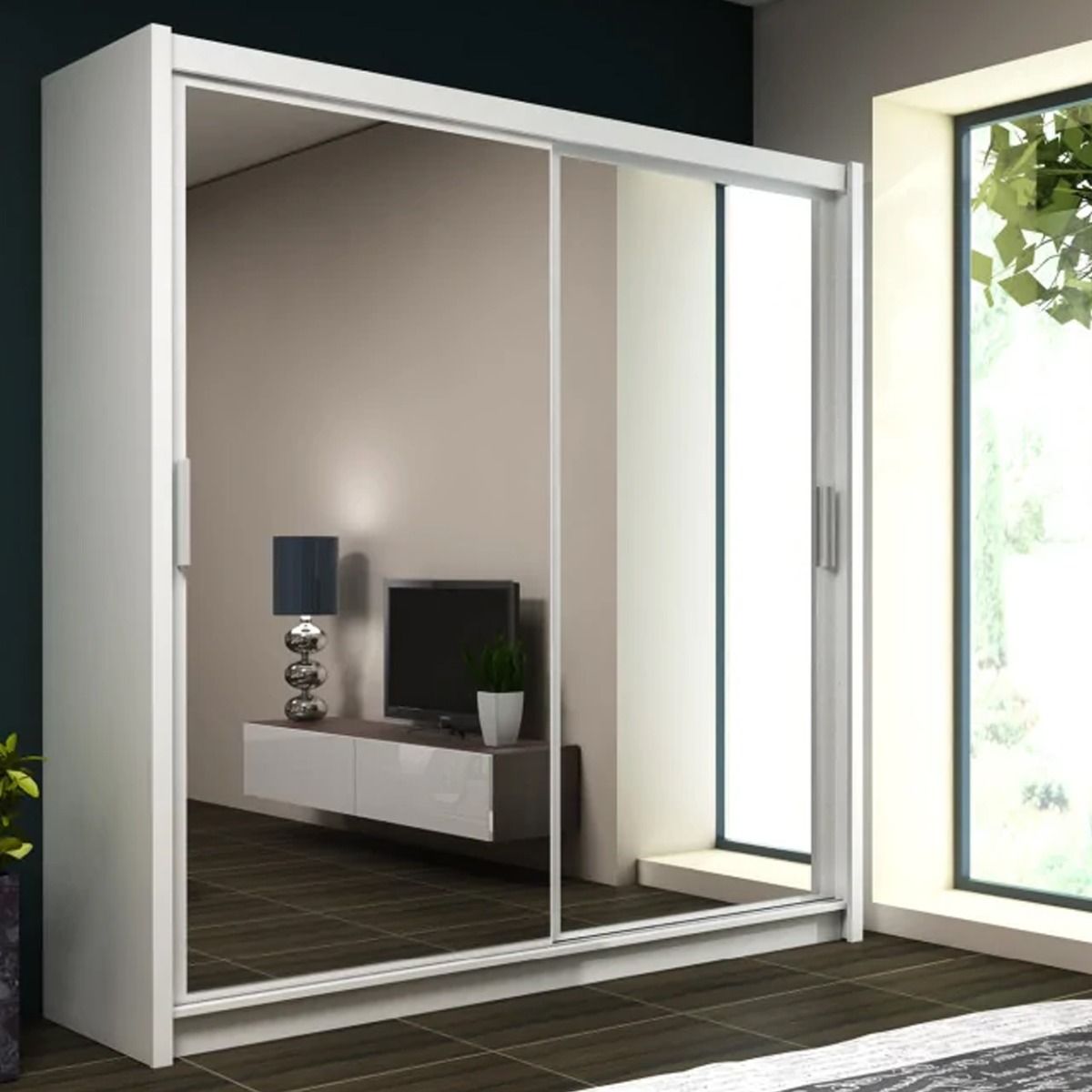 Aurora 160cm 2-Door Mirrored Sliding Wardrobe in White – product detail