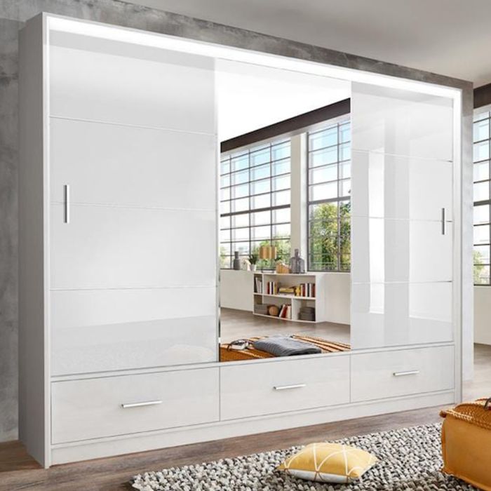 Warrington 256cm 3-Door Mirrored Sliding Wardrobe with 3 Drawers in White