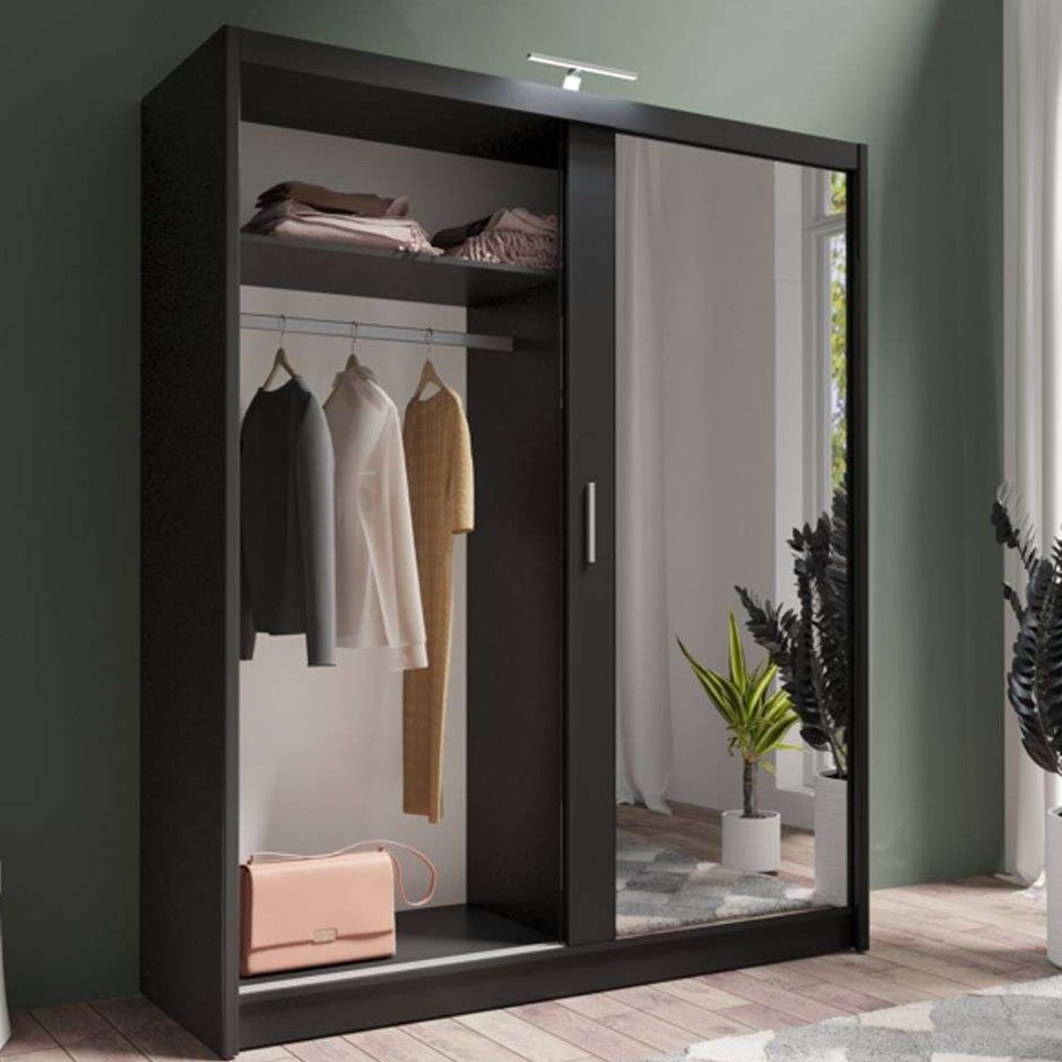 Aurora 180cm 2-Door Mirrored Sliding Wardrobe in Black – product detail