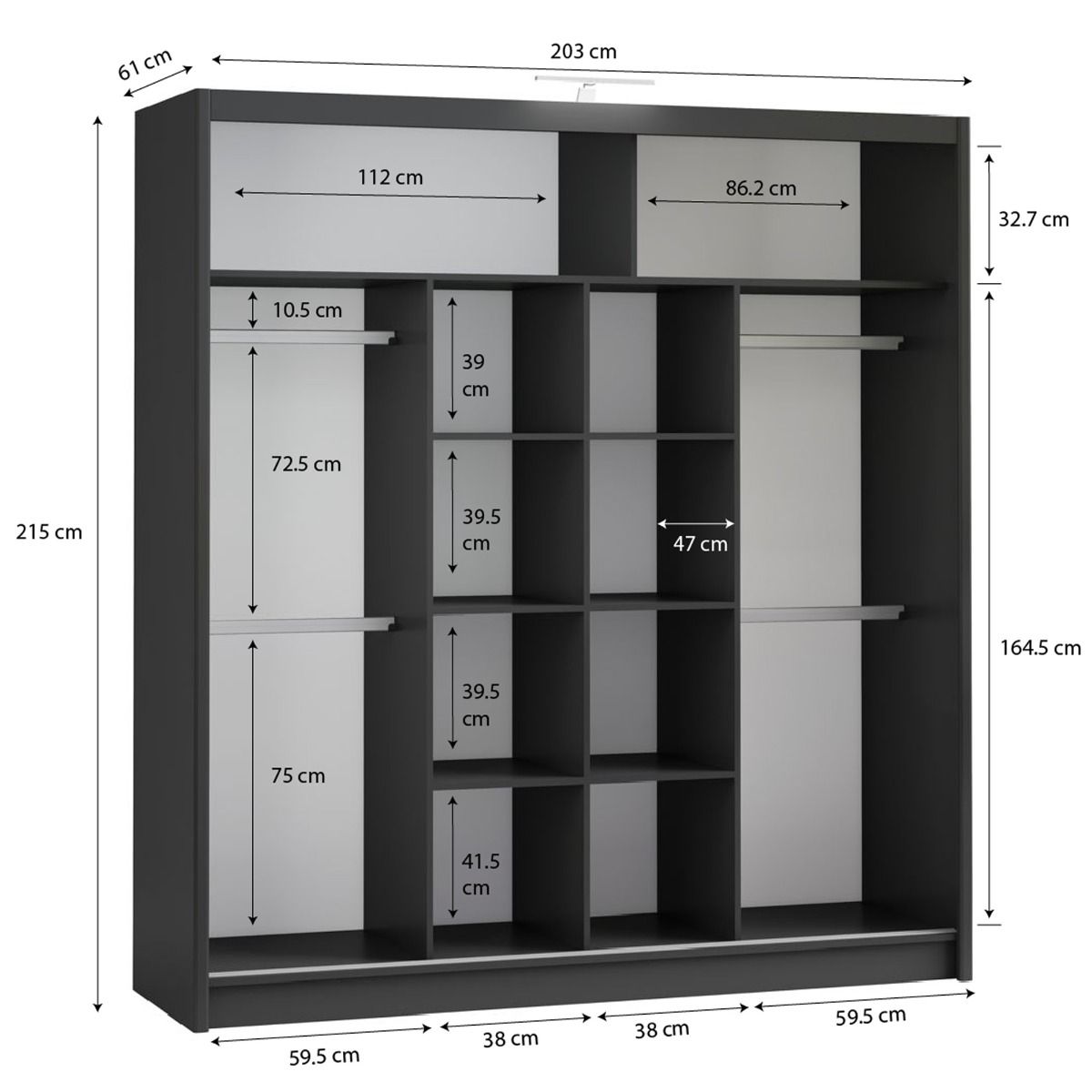 Aurora 203cm 2-Door Mirrored Sliding Wardrobe in Black – product detail