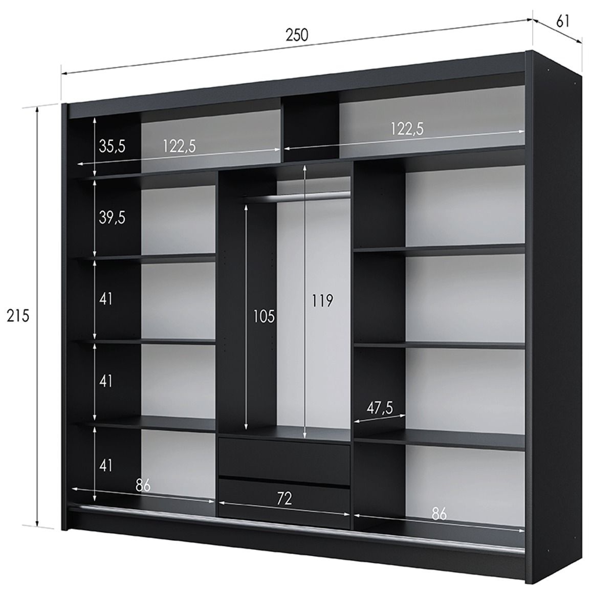Mathilde I 250cm 3-Door Mirrored Sliding Wardrobe in Black – product detail