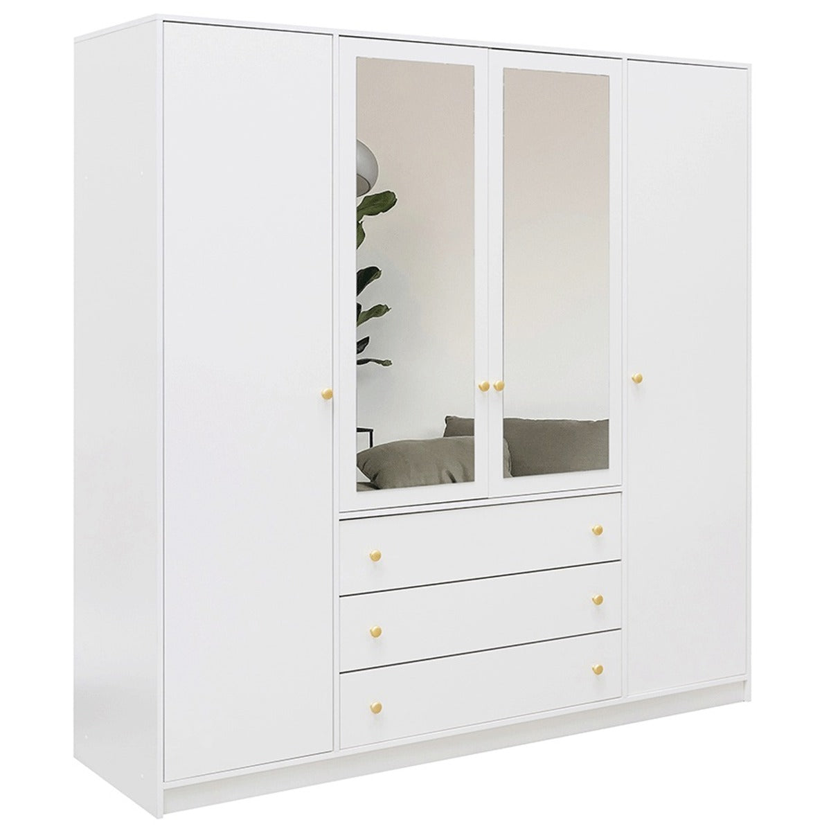 ELVIRO 4 Door Mirrored Wardrobe with 3 Drawers White - 196cm – image 1