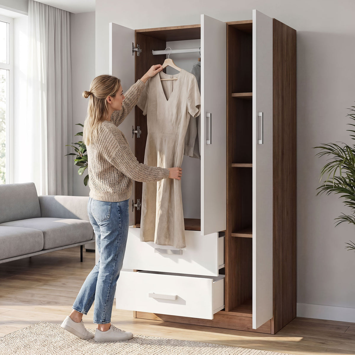 RUSI 3 Door Wardrobe with 2 Drawers Oak with White - 90cm – image 7