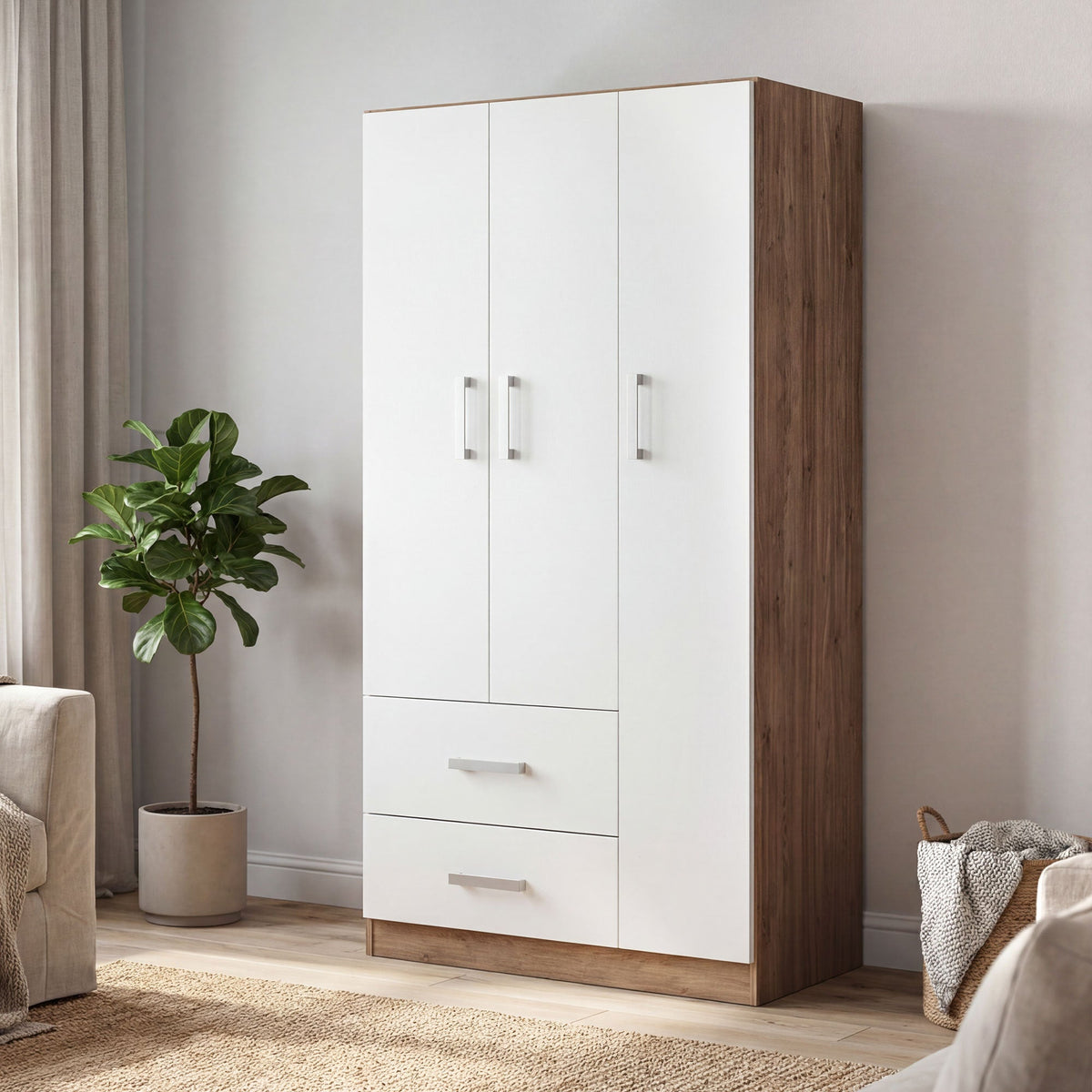RUSI 3 Door Wardrobe with 2 Drawers Oak with White - 90cm – image 3