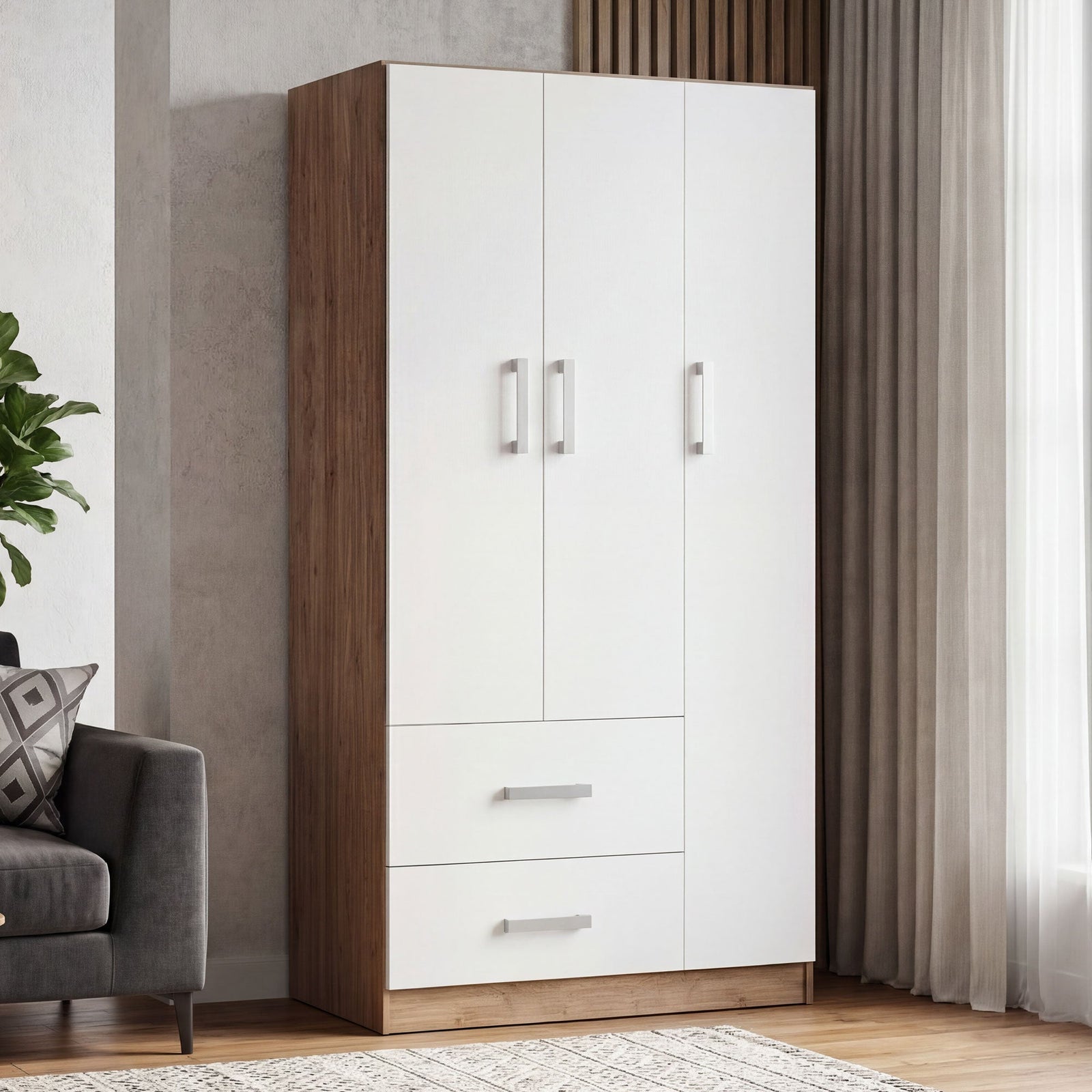 RUSI 3 Door Wardrobe with 2 Drawers Oak with White - 90cm – image 2