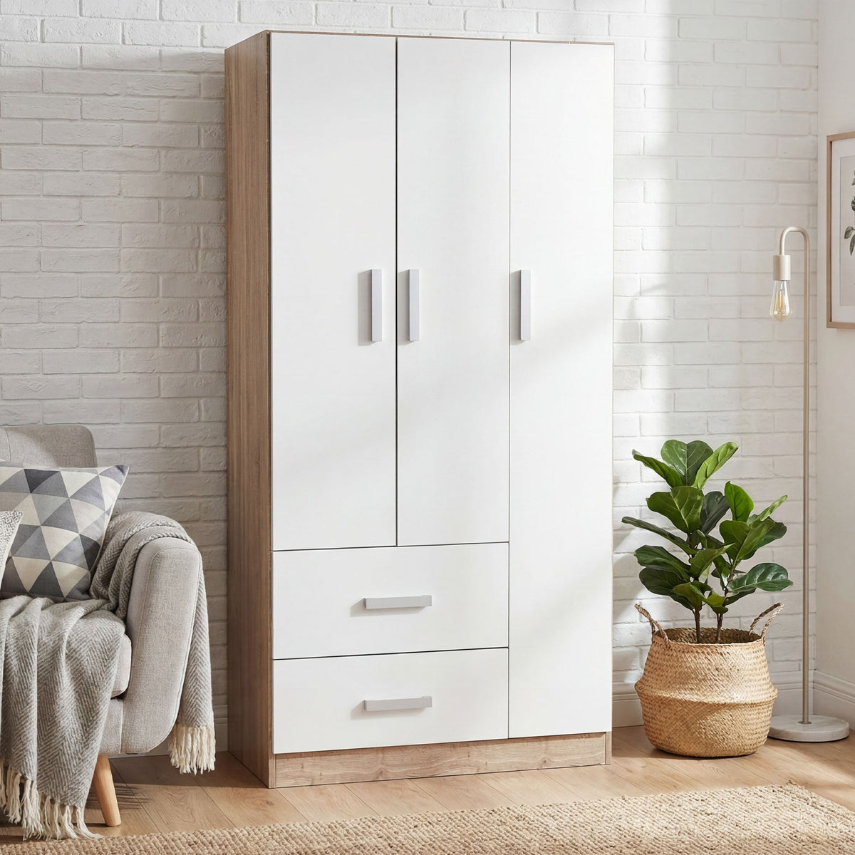 RUSI 3 Door Wardrobe with 2 Drawers Oak with White - 90cm – image 8