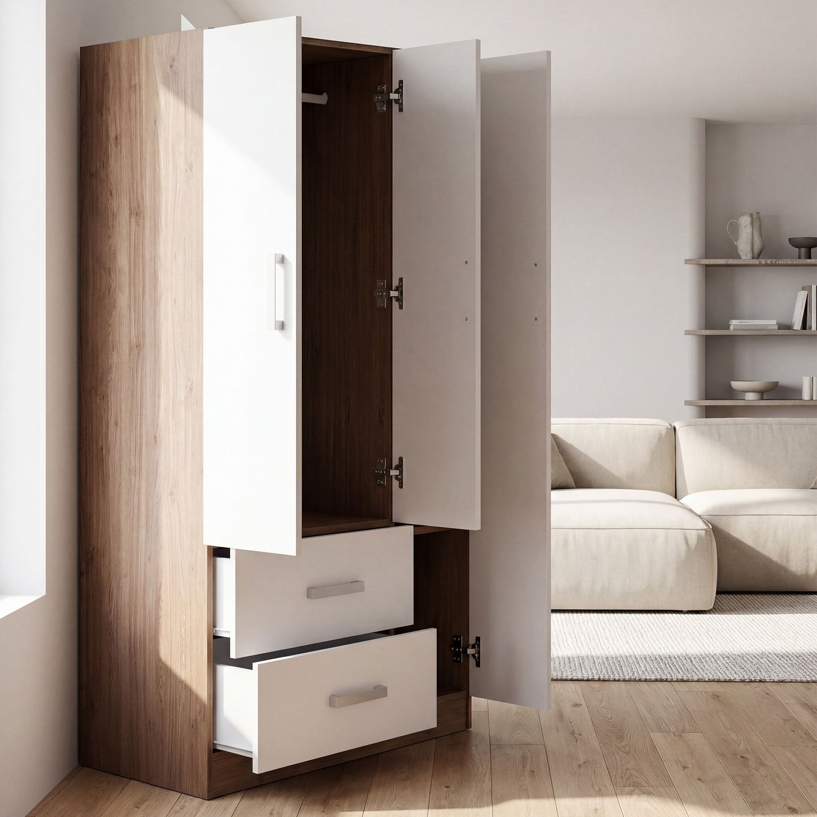 RUSI 3 Door Wardrobe with 2 Drawers Oak with White - 90cm – image 5