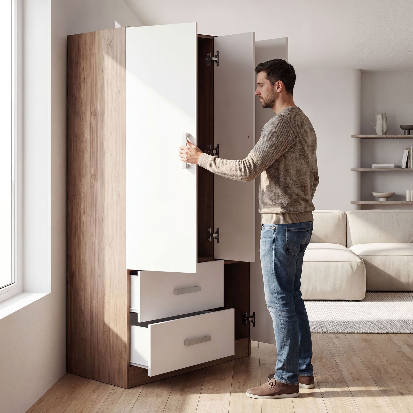 RUSI 3 Door Wardrobe with 2 Drawers Oak with White - 90cm – image 4
