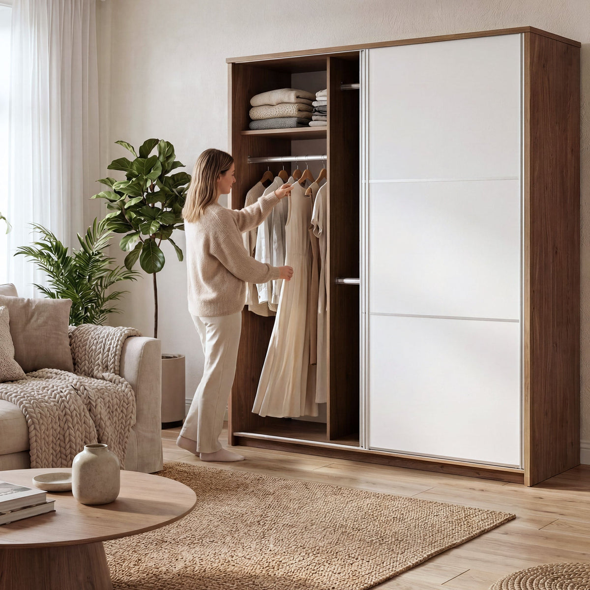 RUSI 2 Door Sliding Wardrobe Oak with White - 180cm – image 5