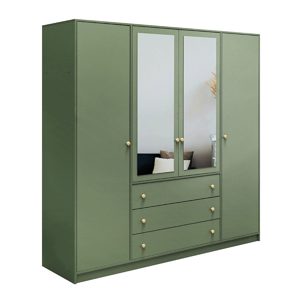 ELVIRO 4 Door Mirrored Wardrobe with 3 Drawers Green - 196cm – image 2
