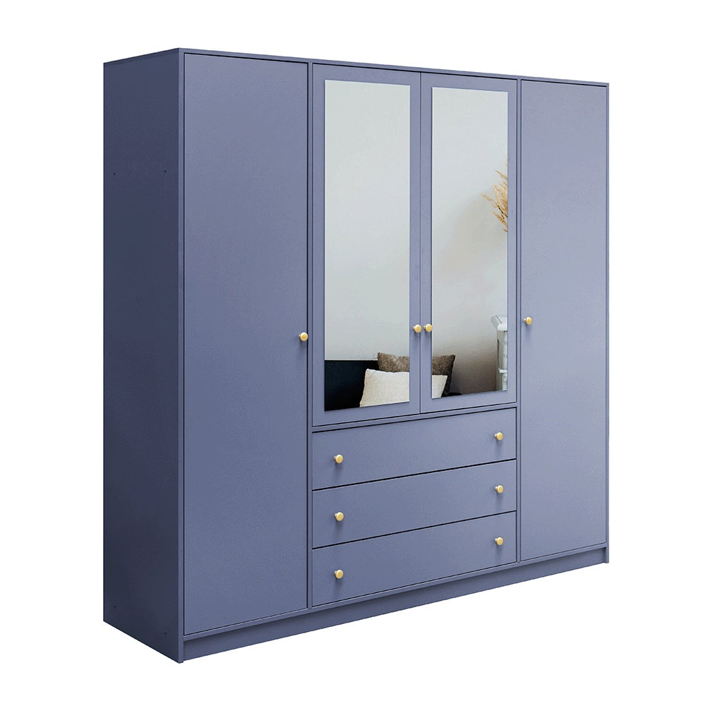 ELVIRO 4 Door Mirrored Wardrobe with 3 Drawers Blue - 196cm – image 2