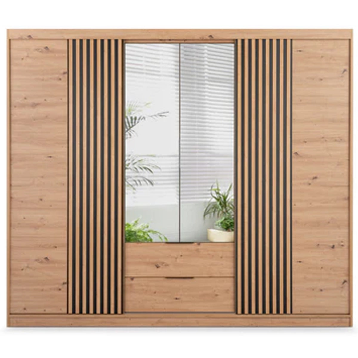 MAJO 4 Door Mirrored Wardrobe with 2 Drawers Medium Oak - 250cm – image 1
