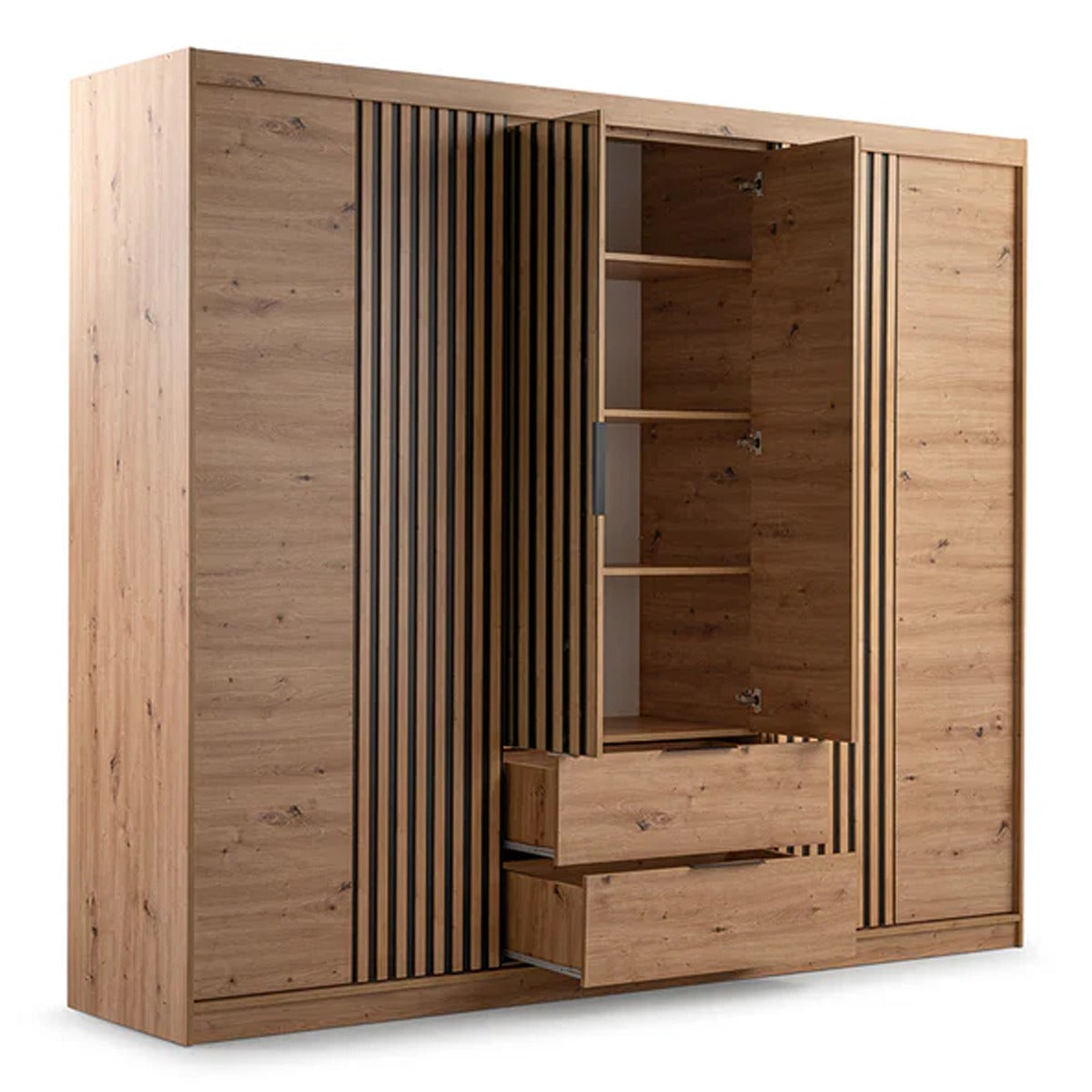 MAJO 4 Door Mirrored Wardrobe with 2 Drawers Medium Oak - 250cm – image 3