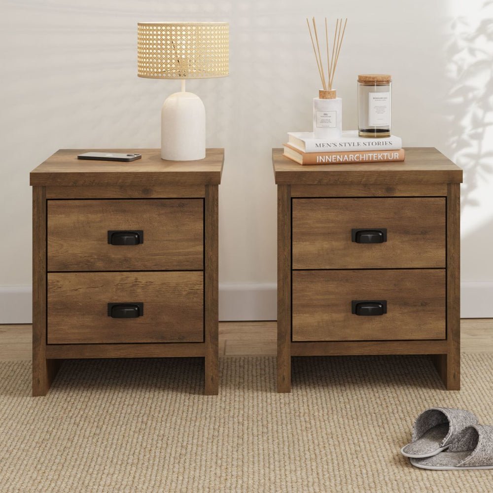 CHOICEWARDROBE Balcombe Knotty Oak wooden bedside cabinets pair with two drawers.