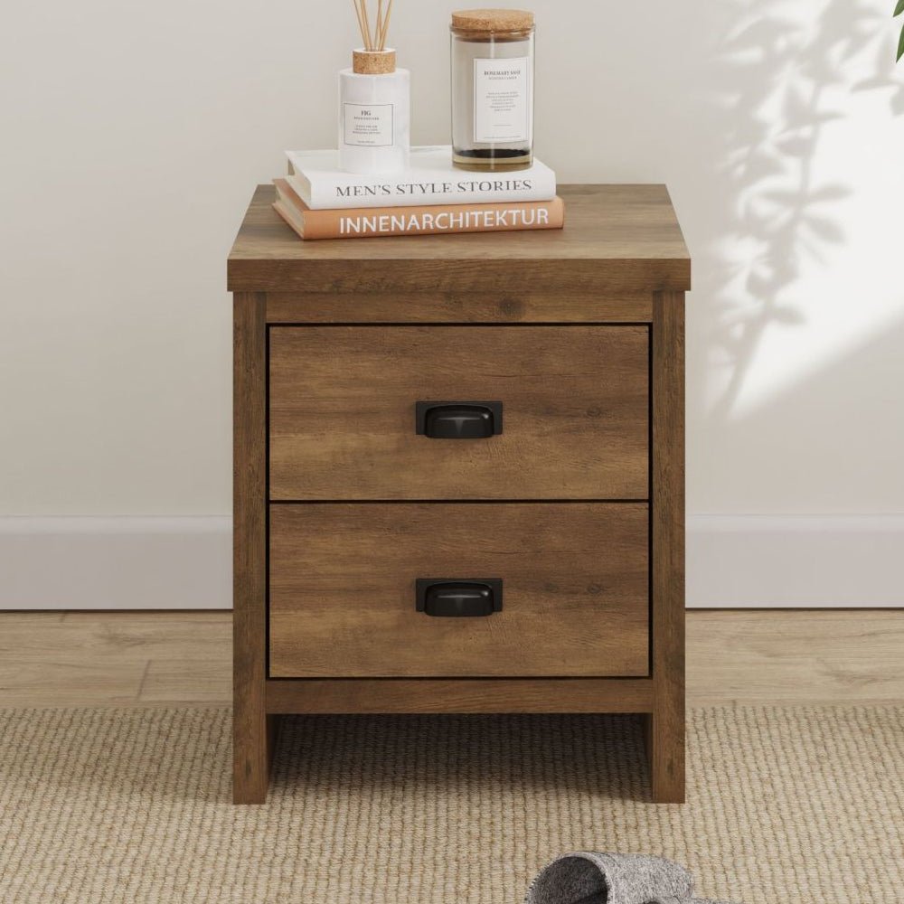 Balcombe Knotty Oak wooden bedside cabinet with 2 drawers and black handles.