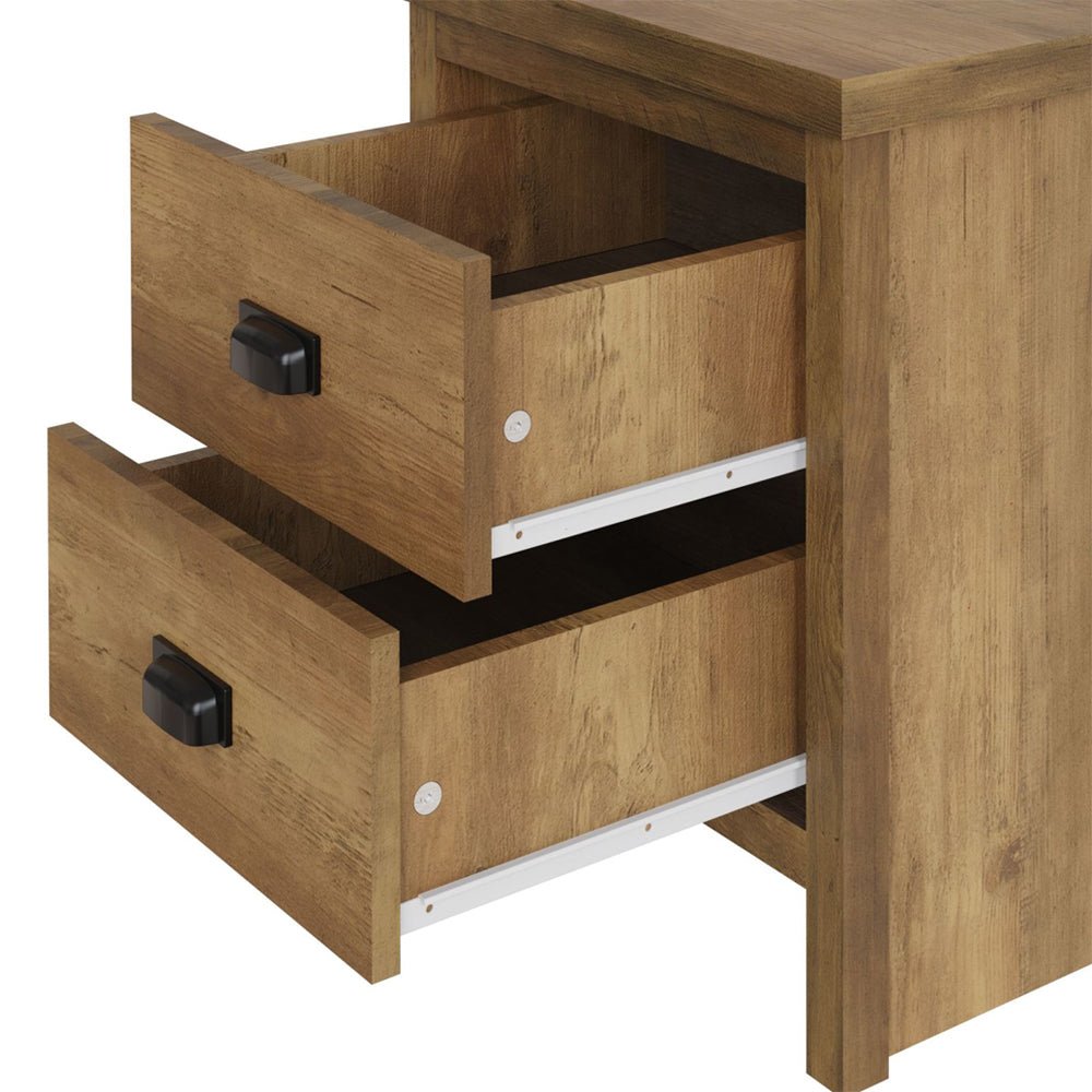 Balcombe Knotty Oak wooden bedside cabinet with 2 drawers, black handles and metal runners