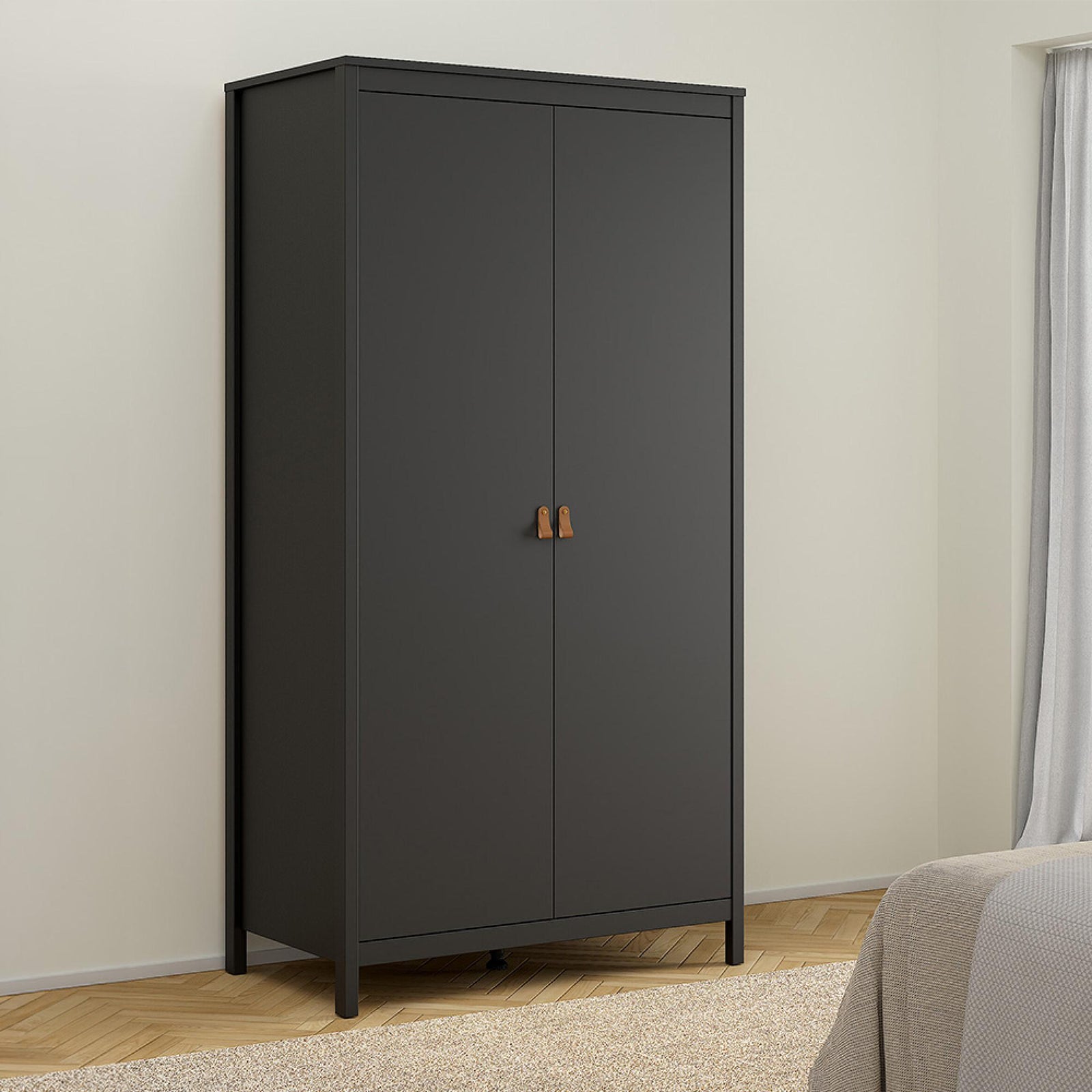 Barcelona 102cm 2 Door Wardrobe with Leather Tab Handles in Matt Black