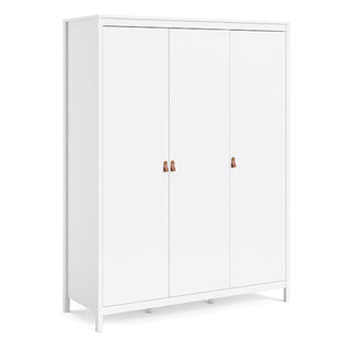 CHOICEWARDROBE Barcila 3 Door Wooden Wardrobe – White Finish | Modern Minimalist Design with Leather Handles & Ample Storage