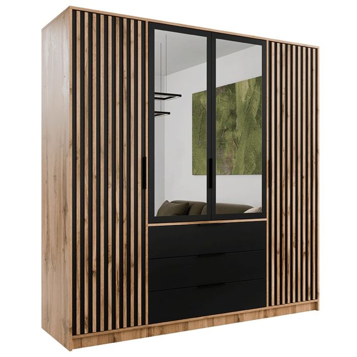 Barnsley 196cm 4-Door Mirrored Hinged Wardrobe with 3 Drawers in Medium Oak