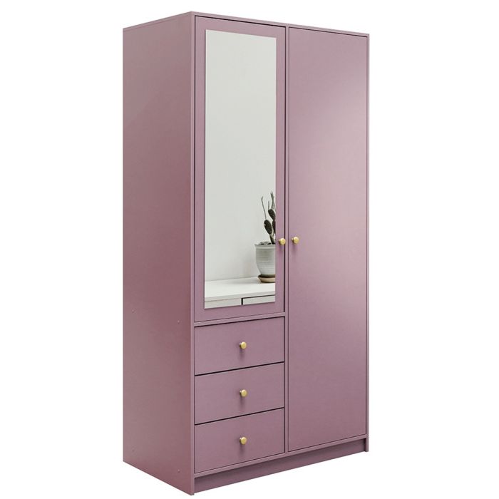 Elviro 100cm 2-Door Mirrored Hinged Wardrobe with 3 Drawers in Purple