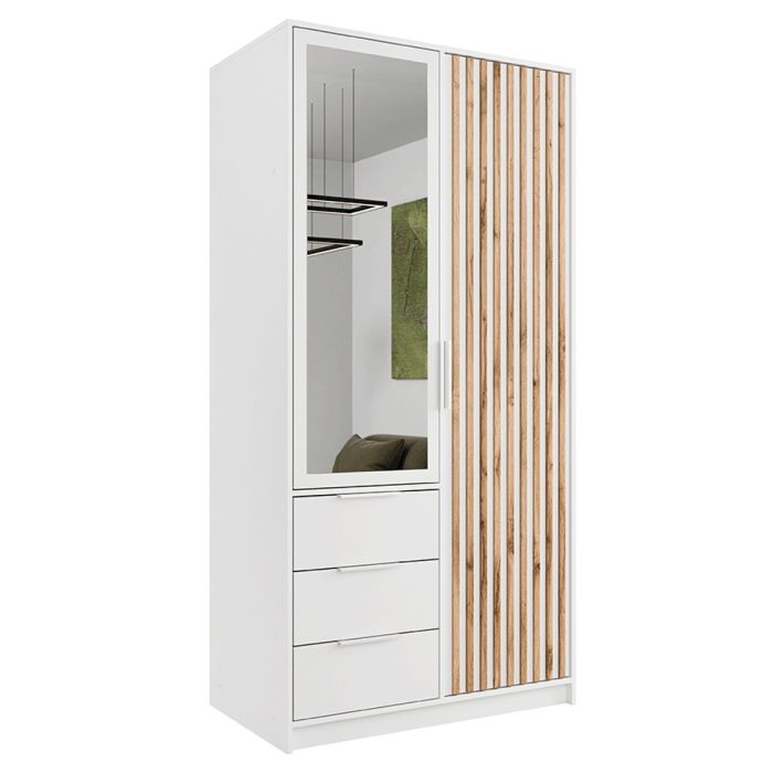 Barnsley 100cm 2-Door Mirrored Hinged Wardrobe with 3 Drawers in White