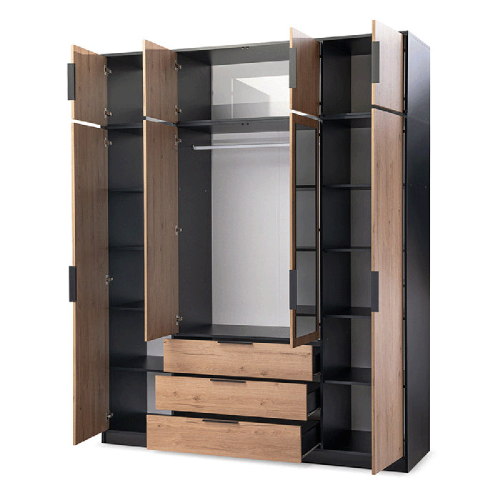 Bellvyn 196cm 4-Door Mirrored Hinged Wardrobe with 3 Drawers in Black – product detail
